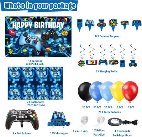 Video Game Birthday Party Decorations - 109Pcs Gamer Supplies for Boys Birthday Party, Happy Birthday Backdrop