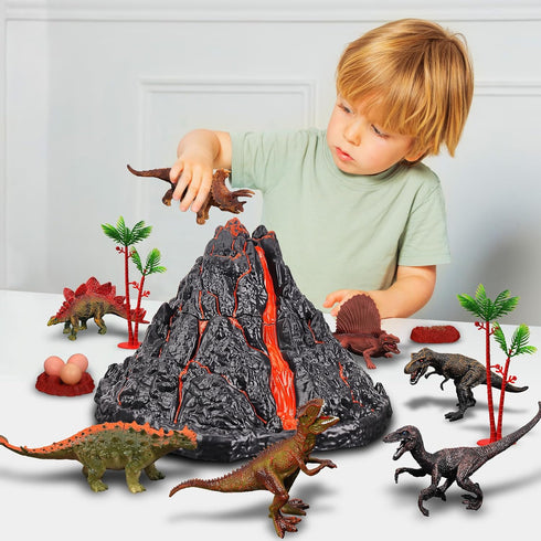 Large Volcano Set with 9 Realistic Dinosaur Action Figures, Simulated Eruptions with Sounds, Gift for Kids 2-10 Years