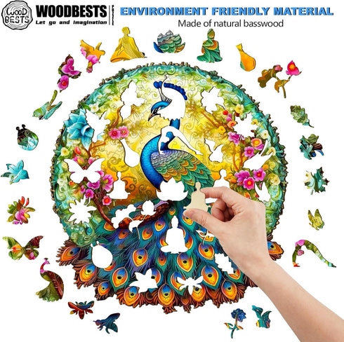 WOODBESTS Wooden Jigsaw Puzzle for Adults, Mandala Peacock, 290pcs, 13.7"x12.8", Unique Shape, Birthday Gift