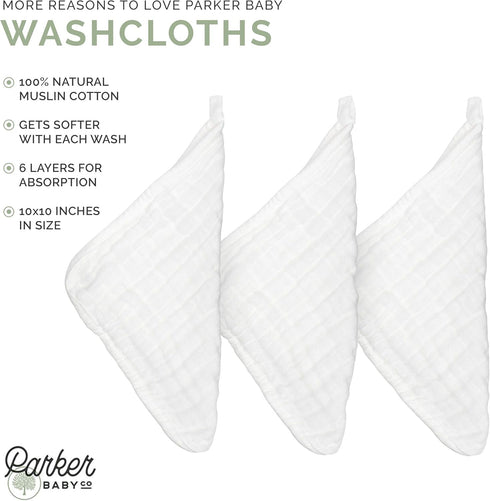 6 Pack 100% Parker Baby Washcloths - of Cotton Muslin Wash Cloths - Soft, Absorbent and Natural - White