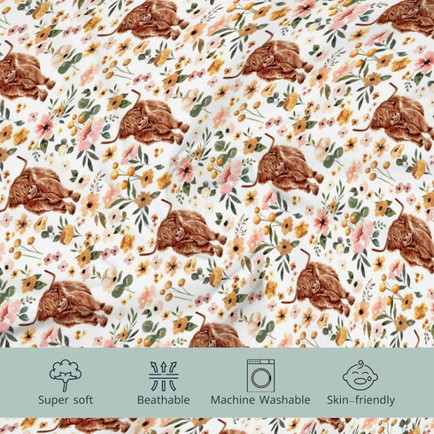 Highland Cow Boho Floral Changing Pad Cover for Baby Girls, Soft Stretchy Fitted Diaper Change Table Covers 32"/34" x