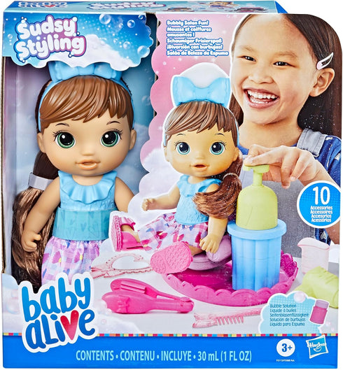 Baby Alive Sudsy Styling Doll, Brown Hair, includes 12-Inch, Salon Chair, Toys for 3 Year Old Girls and Boys and Up
