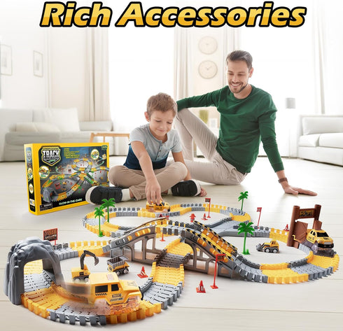 264 PCS Construction Race Tracks for Kids Toys, Glow in The Dark Magic Toy Set with 2 Light Up Cars