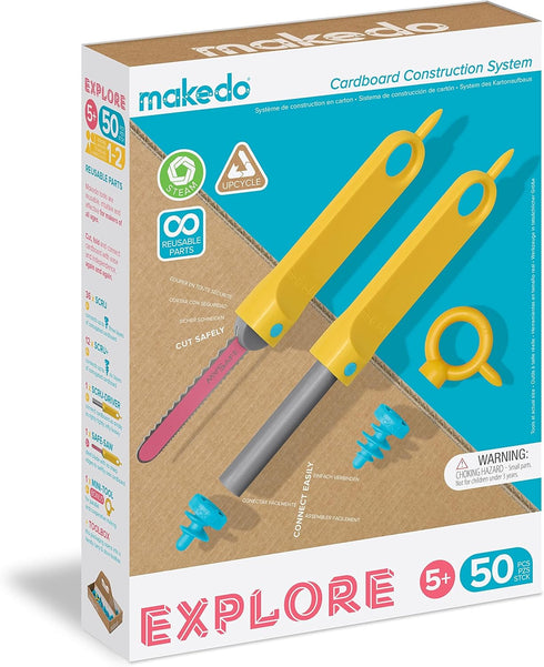 Makedo Explore - Upcycled Cardboard Construction Toolkit in Small Toolbox (50 Pieces) | STEM + STEAM Educational Toys