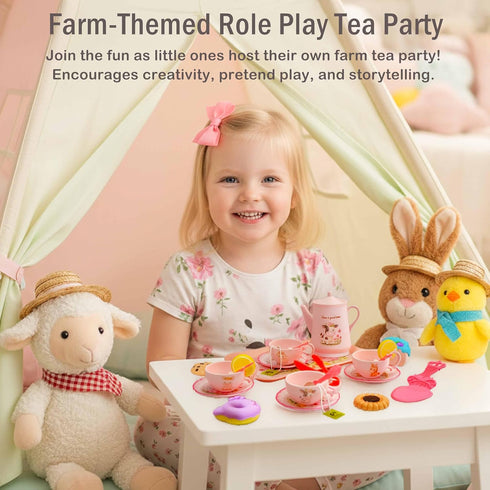 Set 47PCS Sets 3-5 Lajeje Pink Barn Tea Party for Little Girls, Farm Animal Pretend Play Tea Time Kit, Tea for Toddlers