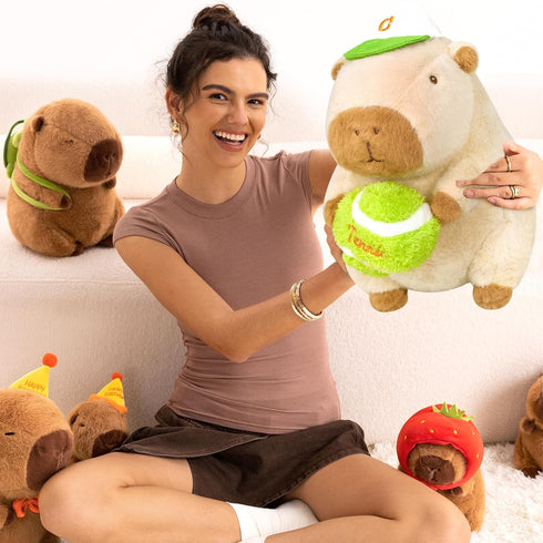 Ditucu Cute Tennis Capybara Plush Sports Pulling Stuffed Animals Gifts for Kids Beige 9.8 inch