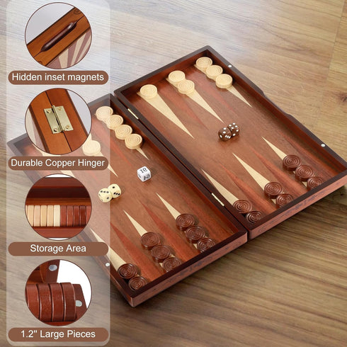 Syrace Backgammon Set 16" 2-Player Handcrafted Wooden - Large Board Game with Oversized Pieces - Classic Strategy Game