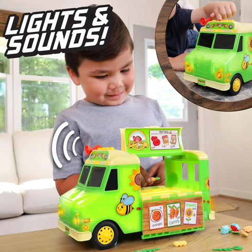 12" 14 3+ Maxx Action Farmer's Market Food Truck, Lights and Sounds, Includes Play Pieces, Miniature Food, Pretend Play