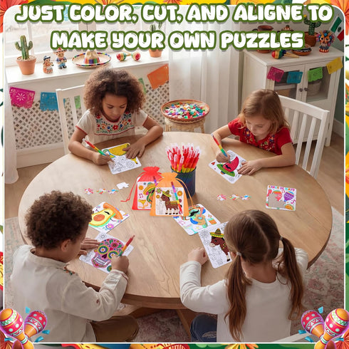 Fullhawl 24 Mexican Puzzles Color Your Own Puzzles Cinco De Mayo DIY Jigsaw Crafts with Stackable Crayons and Bags