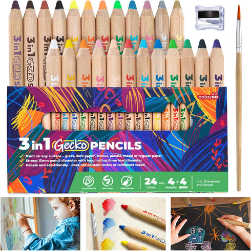3 1 24 Set 3 In Colouring Pencils - Colours inc. Brush and Sharpener - Non-Toxic and Vegan for Ages And Up