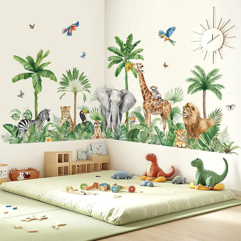 decalmile Large Safari Animals Tropical Tree Wall Decals Jungle Animals Giraffe Elephant Lion Wall Stickers Living Room