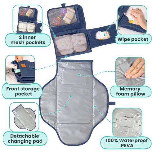 Portable Changing Pad for Baby, Large Waterproof Diaper Changing Mat, Foldable & Detachable with Wipes Pockets by