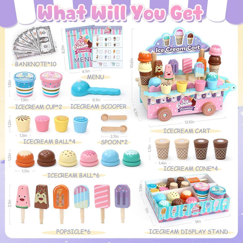 3 4 5 6 Atoylink Wooden Ice Cream Toys for Kids Pretend Play Food Toys with Scoop & Menu & Fake Money, Ice Cream Cart