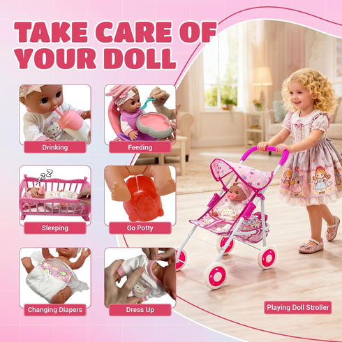 Set Playset 3 4 5 6 Baby Doll Toys with Stroller, Crib, Dining Chair, Realistic Doll Accessories for Kids Pretend Play