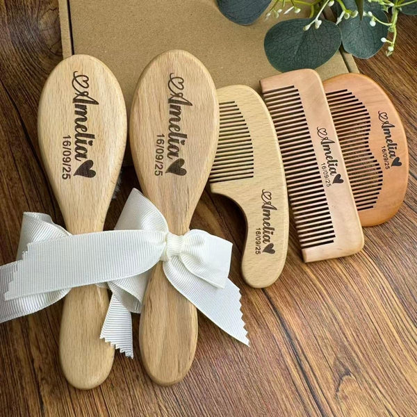 BMVDDFF Personalized Engraved Baby Hair Brush Set, Baby Shower Gift, Wooden Hair Comb,