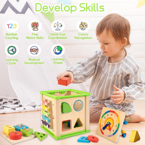 Wooden 7-in-1 Activity Cube, Montessori Toys for 1 2 3 Year Old Toddlers, Educational Developmental Toys