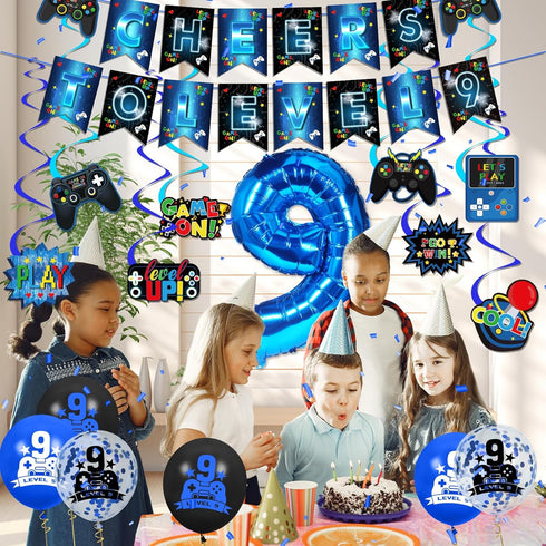 Video Game Theme 9th Birthday Party Decorations for Kids - Blue Black Cheers to Level 9 Banner, Hanging Swirls, Level