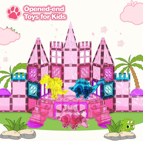 60PCS 3-5 4-8, 3+ Dinosaur Toys Magnetic Tiles for Girls, Magnet Building Blocks Sensory Toy for Girls Boys Ages STEM