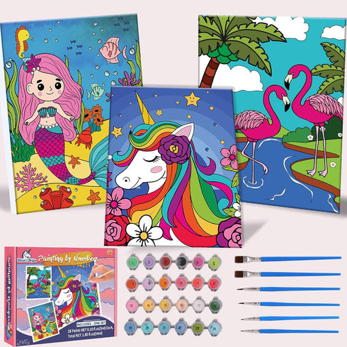 3 Pack Paint-by-Numbers Kit for Kids, 8x10 Inch Framed Canvas with 24 Acrylic Paint Pots, 6 Brushes, Art Set