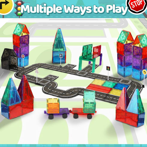Set 50 3+ Playmags Magnetic Tiles Road - Pcs STEM Educational Construction Toy Car Track, Building Blocks Magnet Toys