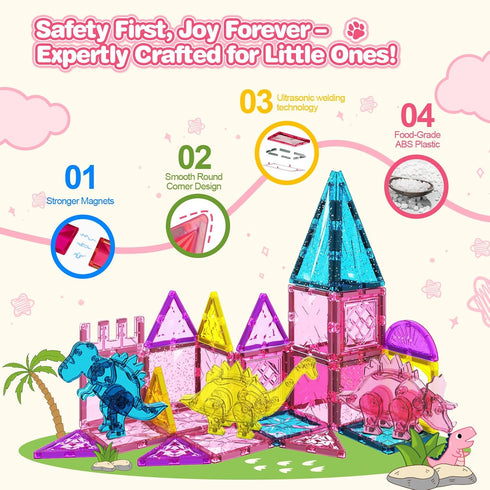 60PCS 3-5 4-8, 3+ Dinosaur Toys Magnetic Tiles for Girls, Magnet Building Blocks Sensory Toy for Girls Boys Ages STEM