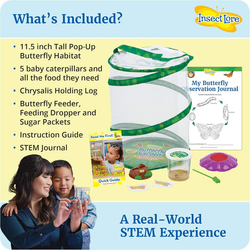 Insect Lore Butterfly Garden, Butterfly Kit with Live Caterpillars, 5 Caterpillars, Reusable Habitat, STEM Journal &