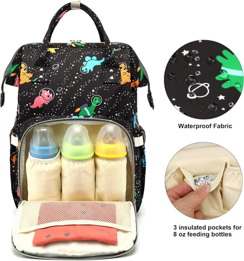 Xunteny Backpack Dinosaur Baby Diaper Bag for Girls Boys, Waterproof Large Maternity Nappy Bags for Mom