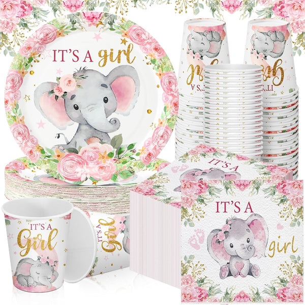 Hushee 200 Pcs Pink Elephant Baby Shower Party Supplies - Paper Plates, Napkins & Cups for 50 Guests