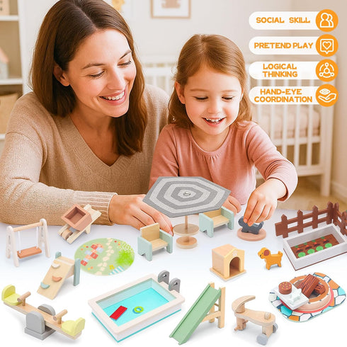 Set 3-6 HAPGFS Wooden Doll House Furniture and Accessories Outdoor Play for Kids- Includes Slide, Swing, BBQ Grill