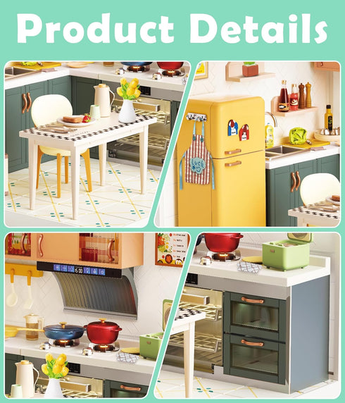 Cozy Set Immersive DIY Miniature Kitchen Dollhouse Kit with LED Light, Dust-Proof Door & Roof - Home Cooking Room