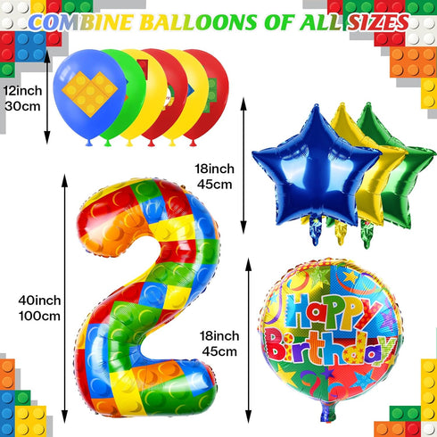 40 Inch Building Block Number Balloon, Colorful Number Block Foil Number 2 Balloons Large Big Numbers Helium Balloon for Girls Boys 1th Birthday Brick Theme Party Decorations (Number 2)