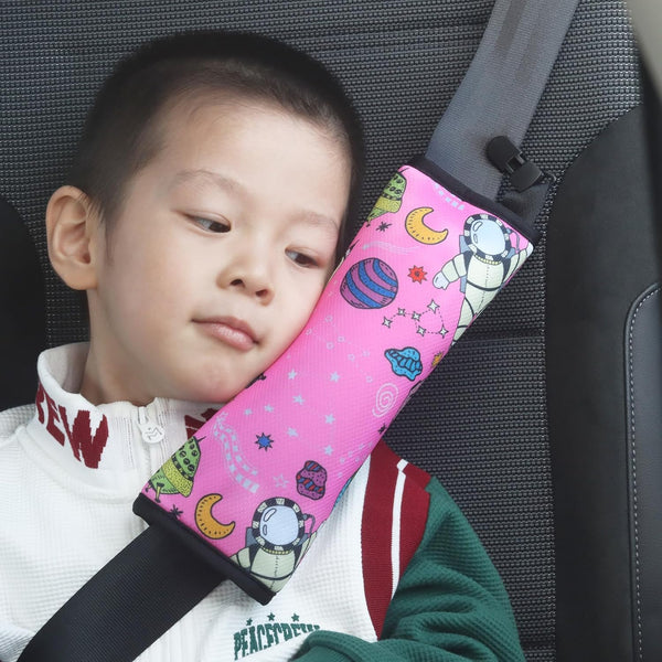 Car Seat Belt Pillow for Kids with Clips, Seat Strap Belt Covers Pad Cushion for Toddlers (Space Pink)