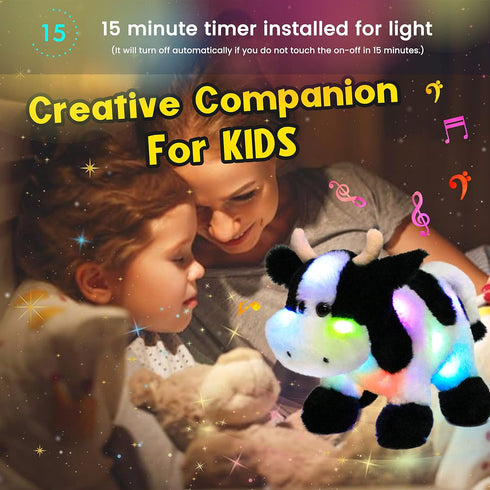 12'' Hopearl LED Musical Stuffed Cow Lighting Up Singing Plush Toy Adjustable Volume Lullaby Animated Soothe Birthday