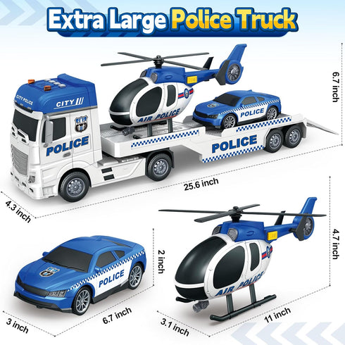 3 4 5 6 7 8 25" Kids Toys for Years Old Boys, Police Truck Toy with Racing Car and Helicopter, Toddler Friction Powered