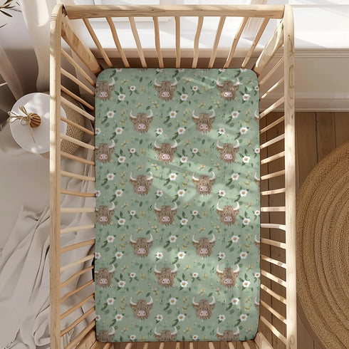 KuphiL10C Mattress-28x52 Cute Highland Cows Flowers Leaves Pattern Baby Sheets for Crib, Unisex Farm Cow Nursery Fitted