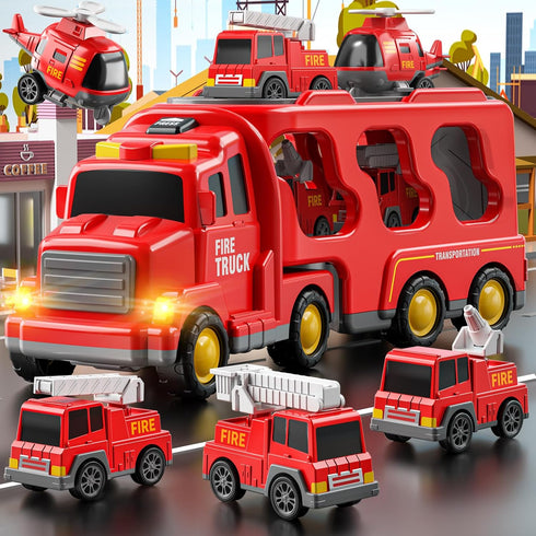 TEMI Fire Toys for 3-6 Years Old - 5 in 1 Carrier Truck Transport for Toddlers 1-3, Friction Power Vehicles