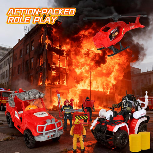 Playset, Kids Firefighter Action Figures Fireman Figures Toys with Tools, Red Fire Trucks, Army Vehicles, Helicopter