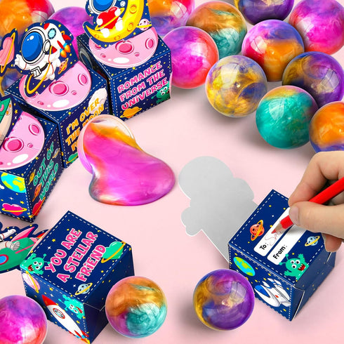 28 Pack Set SURCVIO Valentines Day Gifts for Kids, Galaxy Slime with Greeting Card Box Stress Relief Fidget Toy