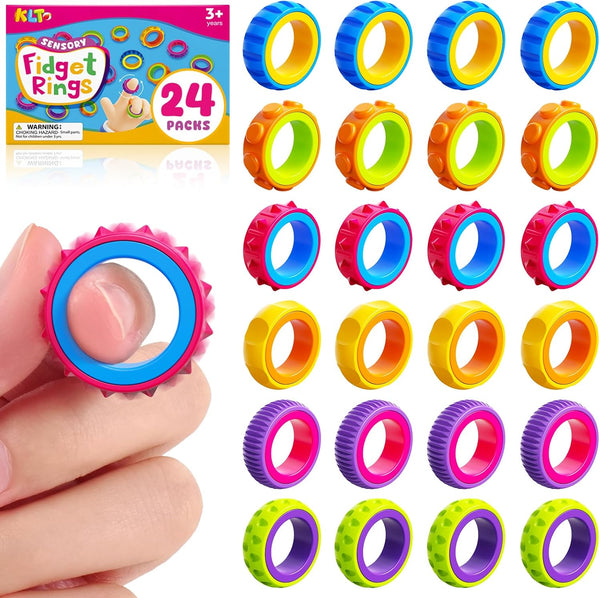 Fidget Toys Kids Sensory Rings: 24 Pack Texture Finger Spinner- Quiet Fidgets