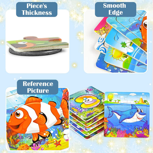 Vileafy 12Pack Sea Animals Wooden Jigsaw Puzzles, 20 Pieces Each, Party Favors for Kids Age 4-8