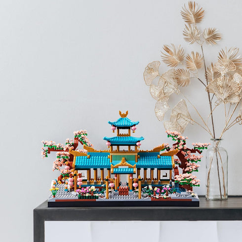 Set, (2350PCS) Micro Building Block Chinese Suzhou Garden Architecture Model Kit with Cherry Blossom Bonsai Tree