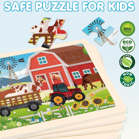 4-in-1 Farm Wooden Puzzles for Kids Ages 4-6, 24 PCS Jigsaw Puzzles for Toddlers 2-4, Educational Gifts