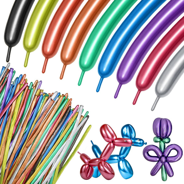 100Pcs 260 Metallic Long Balloons, Thickening Skinny Latex Twisting Balloons for Animals Modeling & Party Decorations