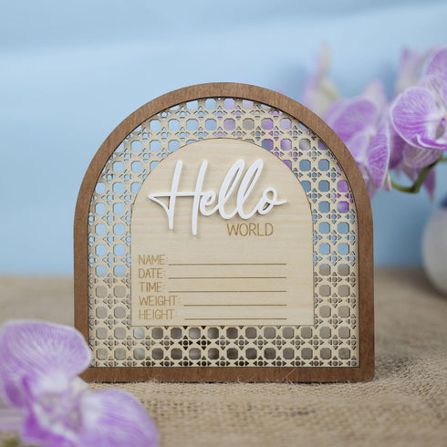 TTMerriwood 6.5 Inch Baby Announcement Sign Wooden Hello World Newborn Welcome Sign Birth Name Plaques for Photo Props