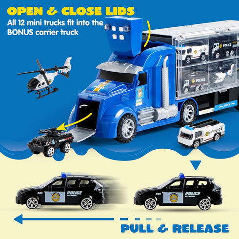 25 1 Set 3 JOYIN in Police Rescue Truck Car Toy with Sounds and Lights, Mini Vehicles in Carrier Truck, Play Police