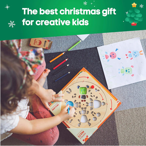 ArtTwist Drawing Stencils Kit for Kids – Rotating Wooden Spin Art with 6 Colored Pencils and 5 White Papers