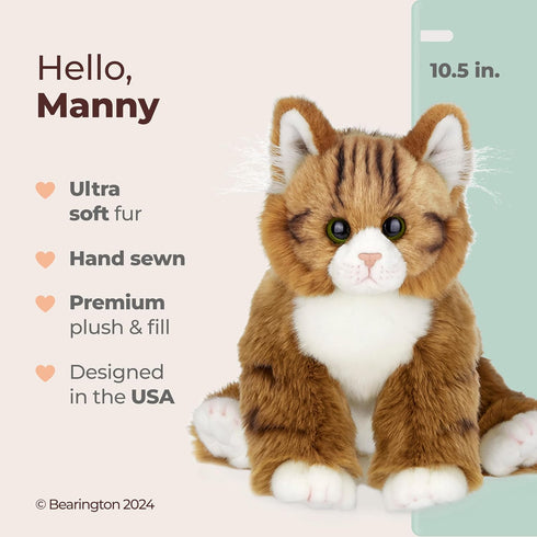 Bearington Manny The Tabby Cat Plush - 10.5 Inch Orange Cat Stuffed Animal - Long Hair Tabby Plush