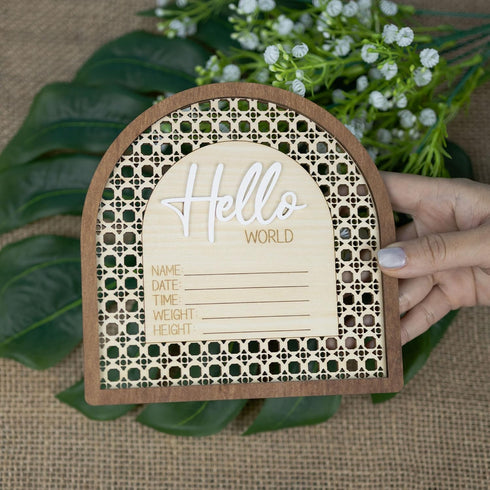 TTMerriwood 6.5 Inch Baby Announcement Sign Wooden Hello World Newborn Welcome Sign Birth Name Plaques for Photo Props