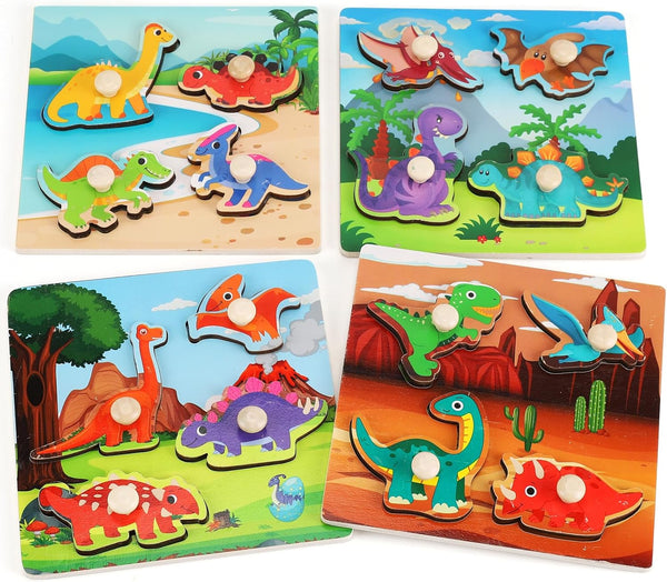 Set of 4 Wooden Peg Puzzles for Toddlers 1-3, Educational Preschool Toy for Ages 2-4, Ideal Gift for Boys and Girls