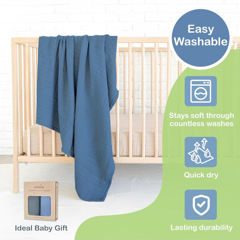 Organic Cotton Baby Muslin Blanket, Large 47x47 inches, Hypoallergenic Swaddle Blanket, Double Layer (Slate/Aquarius)